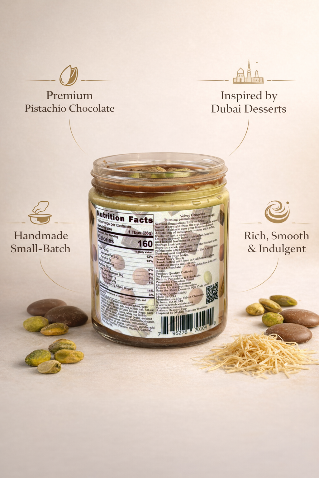 JARWIN Dubai Jar 10oz Pistachio Cream with Kunafa & Chocolate Hazelnut Layers | Handmade Luxury Dessert Jar | Christmas Gift