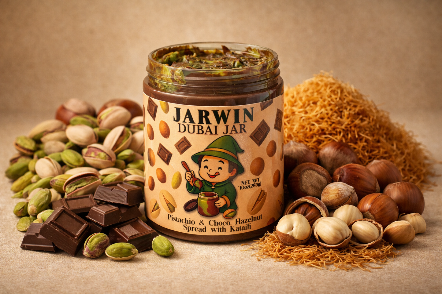 JARWIN Dubai Jar 10oz Pistachio Cream with Kunafa & Chocolate Hazelnut Layers | Handmade Luxury Dessert Jar | Christmas Gift