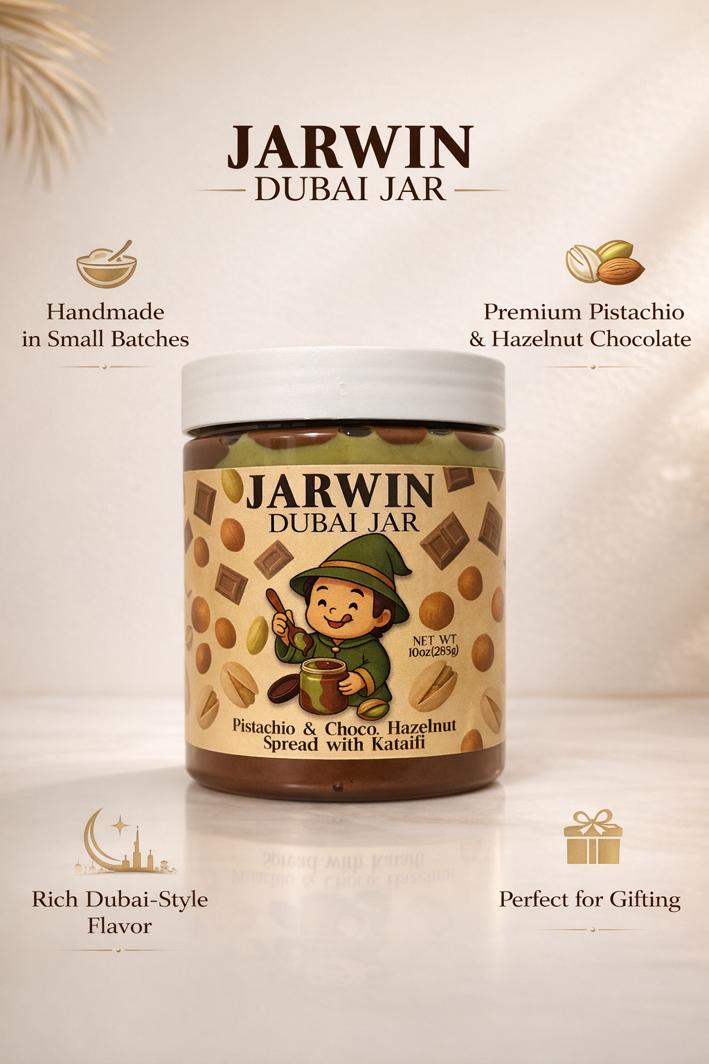 JARWIN Dubai Jar 10oz Pistachio Cream with Kunafa & Chocolate Hazelnut Layers | Handmade Luxury Dessert Jar | Christmas Gift