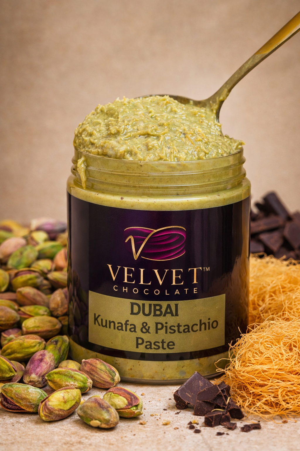 VELVET Dubai Kunafa & Pistachio Paste 10oz | Authentic Middle Eastern Dessert Filling | Natural Sweet Spread for Pastries, Dubai chocolate filling