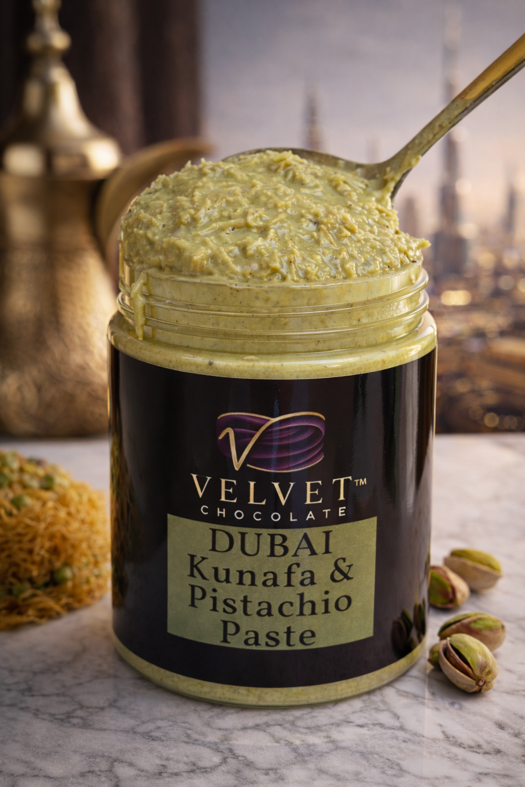 VELVET Dubai Kunafa & Pistachio Paste 10oz | Authentic Middle Eastern Dessert Filling | Natural Sweet Spread for Pastries, Dubai chocolate filling